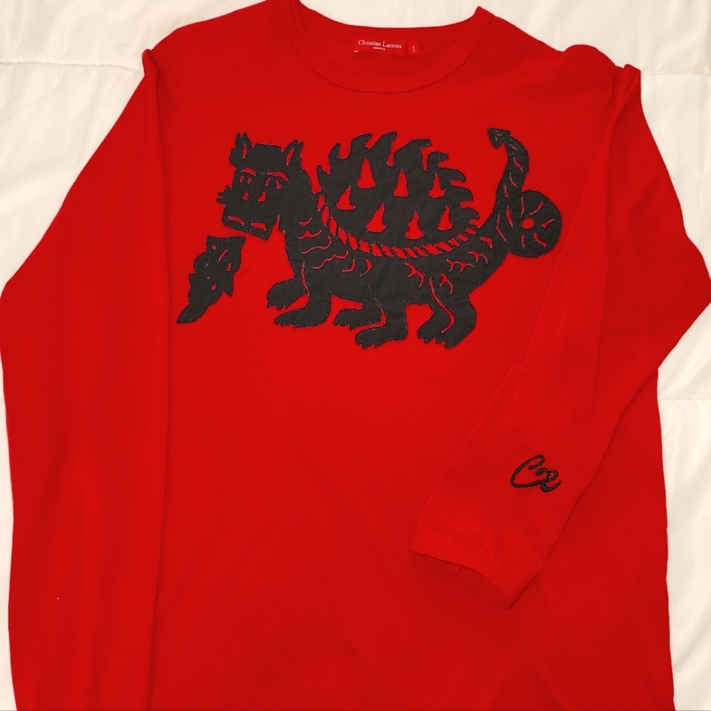 Red Long Sleeve Christian Lacroix T-Shirt with Black Dragon Design